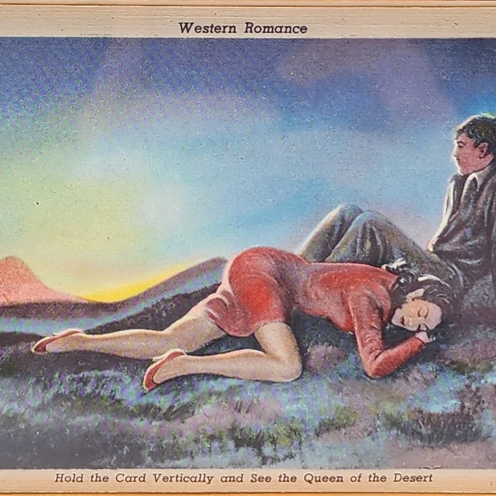 Vintage Two Tone Wood Frame Lon Megargee Western Romance Postcard Desert Queen